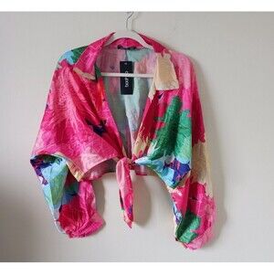 Boohoo Blouse Top Floral Satin Tie Front Crop Long Sleeve Pink Size 14